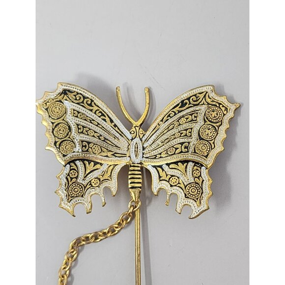 Damascene Butterfly Stick Pin With Faux Pearl Accent Gold Tone Filigree Design - Picture 2 of 7